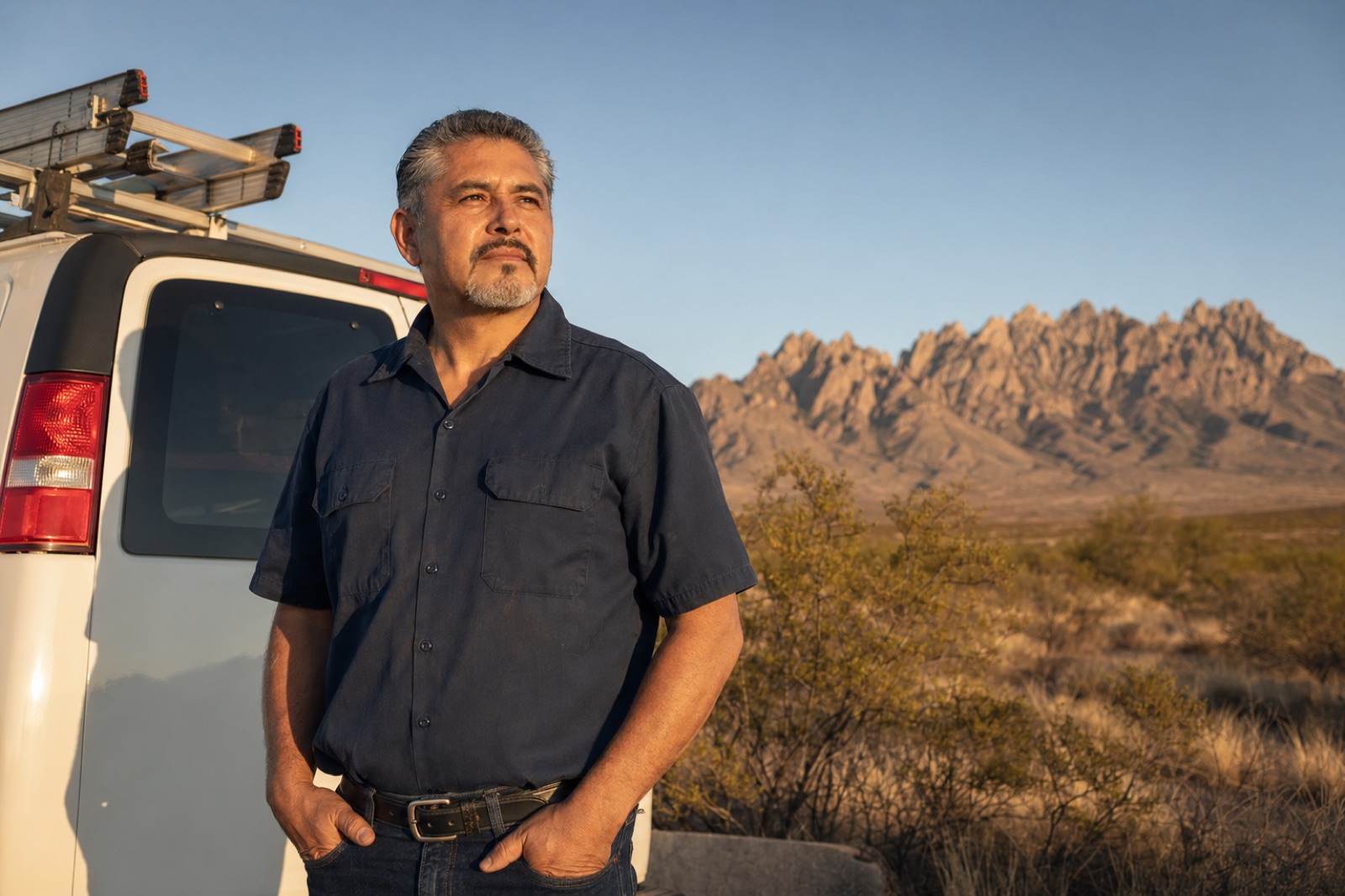 Air Control Services owner Angel Hernandez with a service van in southern New Mexico