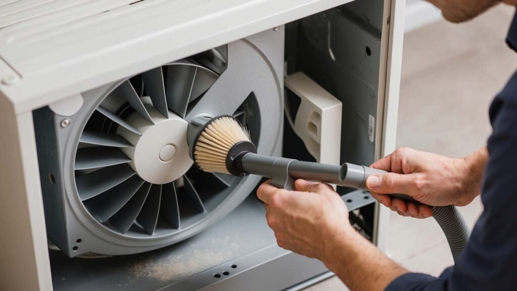 Cleaning the blower assembly of a furnace using a vacuum with a soft brush attachment to remove dust from the fan blades and surrounding areas