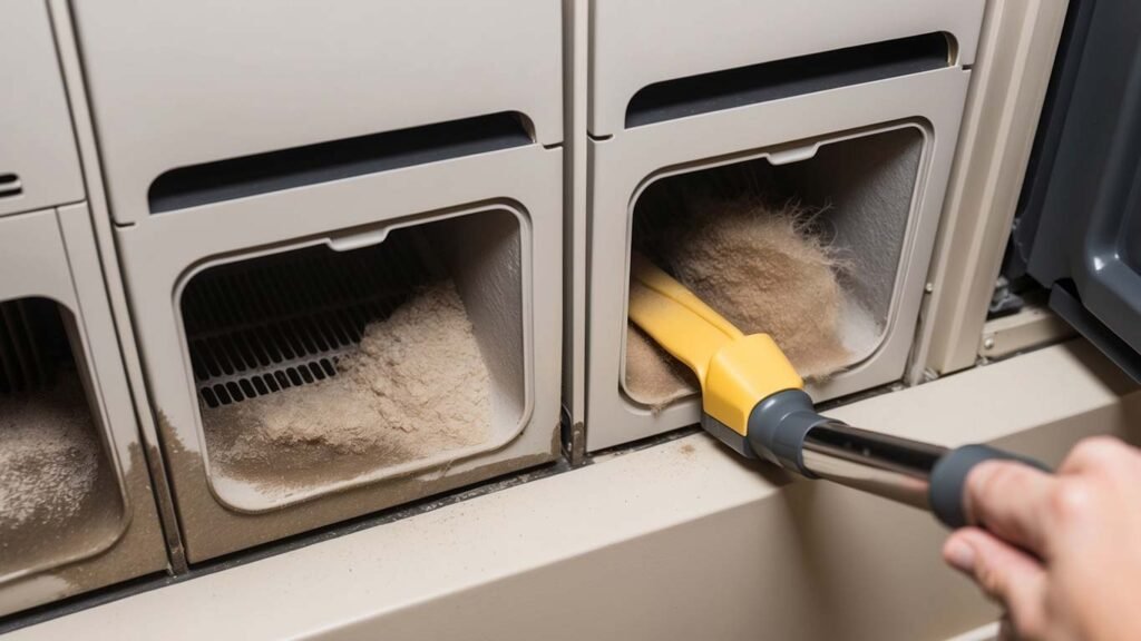 Cleaning furnace vents by removing vent covers and vacuuming dust buildup inside the vent openings for better airflow.