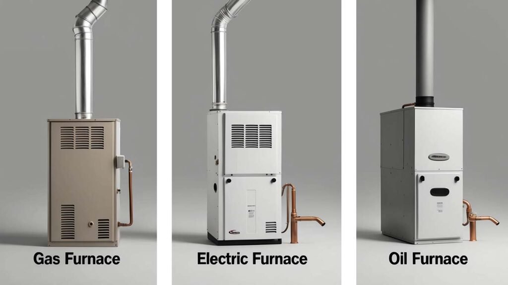 Comparison of furnace exhaust systems: gas, electric, and oil furnaces showing venting differences.