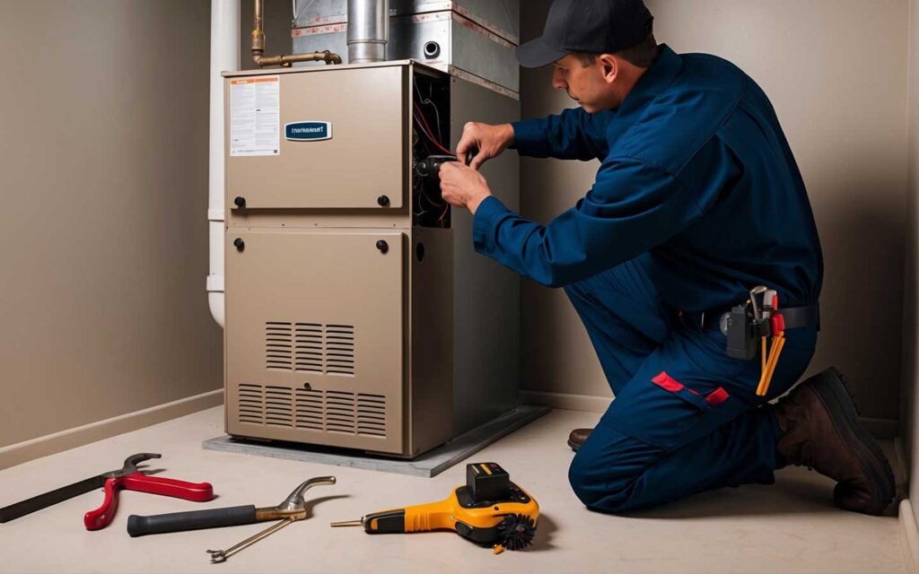 Technician repairing a malfunctioning furnace in Las Cruces.