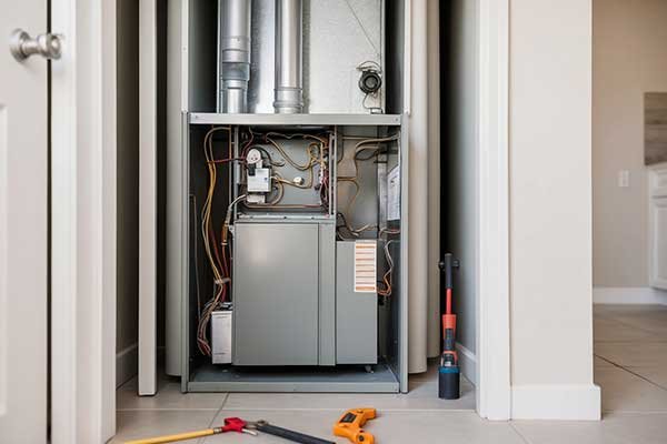 Furnace being replaced in a Las Cruces home with tools arranged for installation