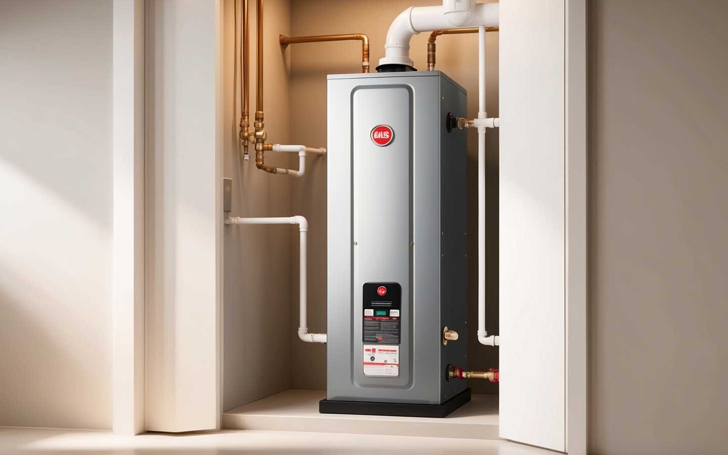 Residential water heater system in a well-lit utility room