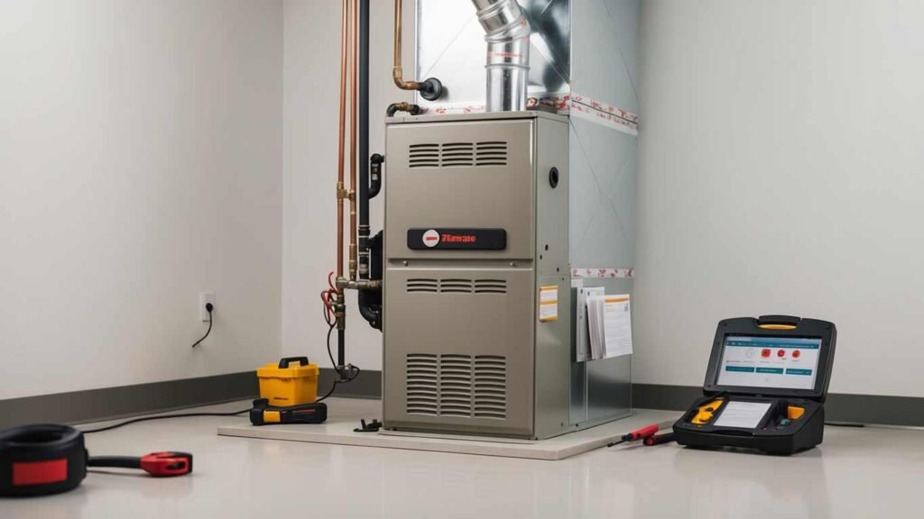 Modern gas furnace maintenance setup showing diagnostic tools and key components, symbolizing professional HVAC services by Air Control Services in Las Cruces, NM.