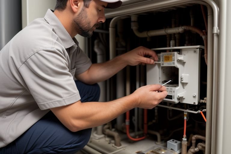 HVAC technician inspecting a furnace for issues, focusing on key components like the ignition system and air filter during troubleshooting.