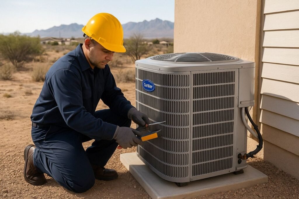 HVAC technician installing a Carrier outdoor air conditioning unit in Hatch, NM, ensuring optimal system performance for residential cooling.
