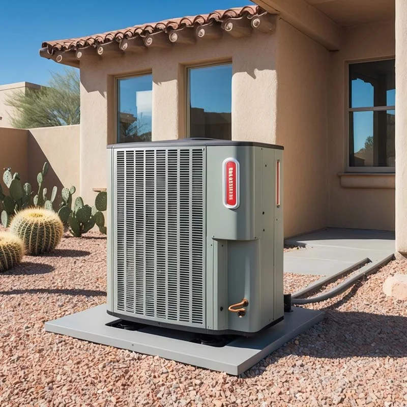 High-efficiency heat pump installed at a home in Santa Teresa NM with desert landscaping.