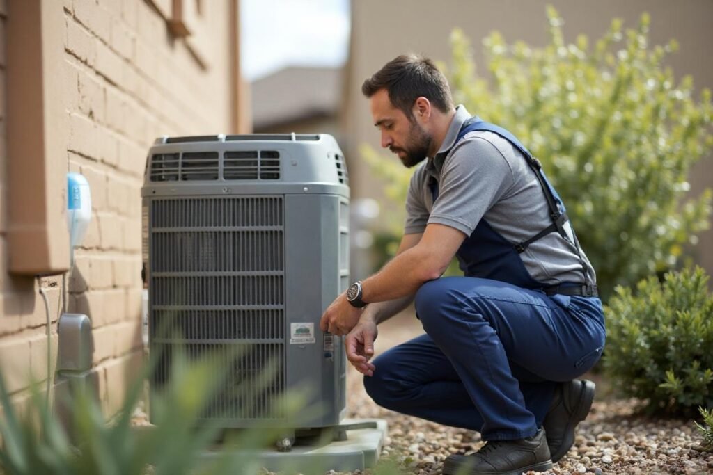 HVAC technician inspecting outdoor condenser unit in Las Cruces