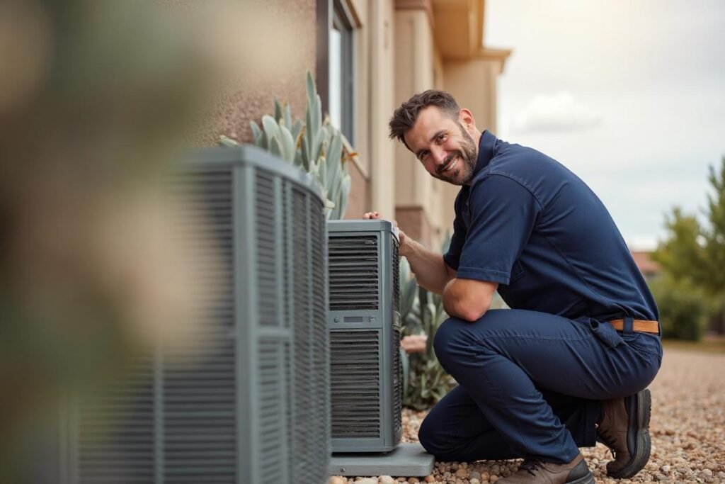 Technician inspecting air conditioner for odor issues in Las Cruces