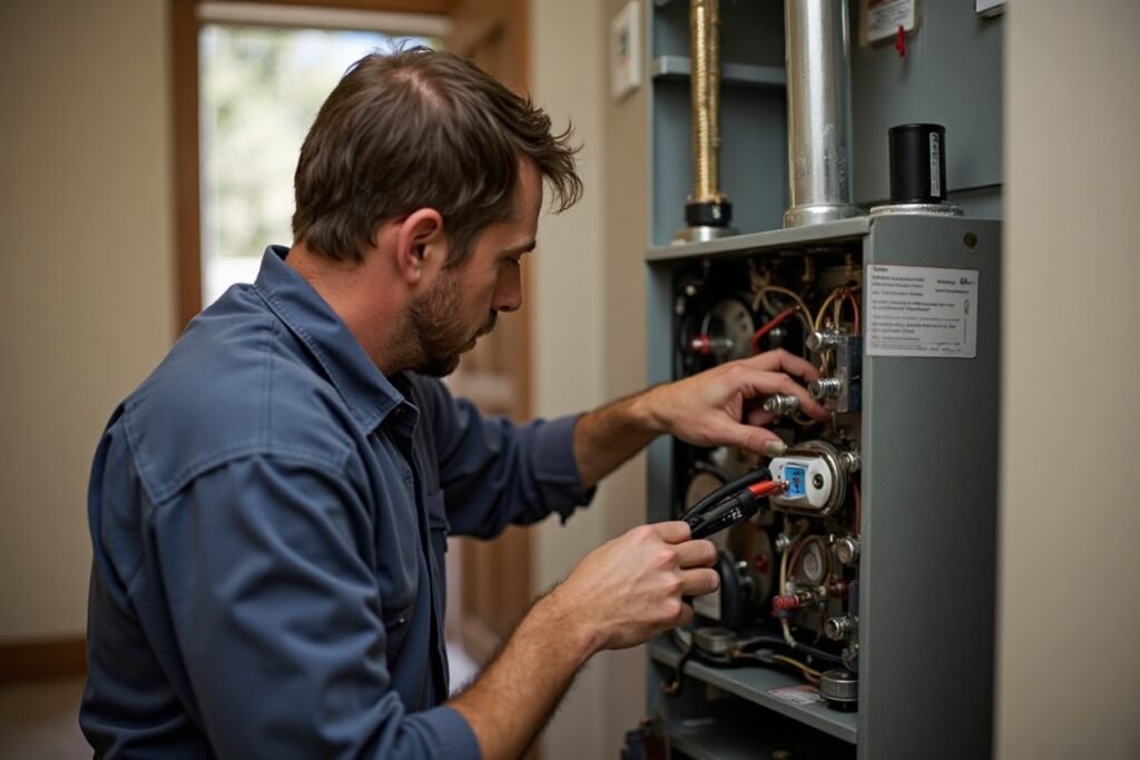Local HVAC technician fixing furnace controls during winter