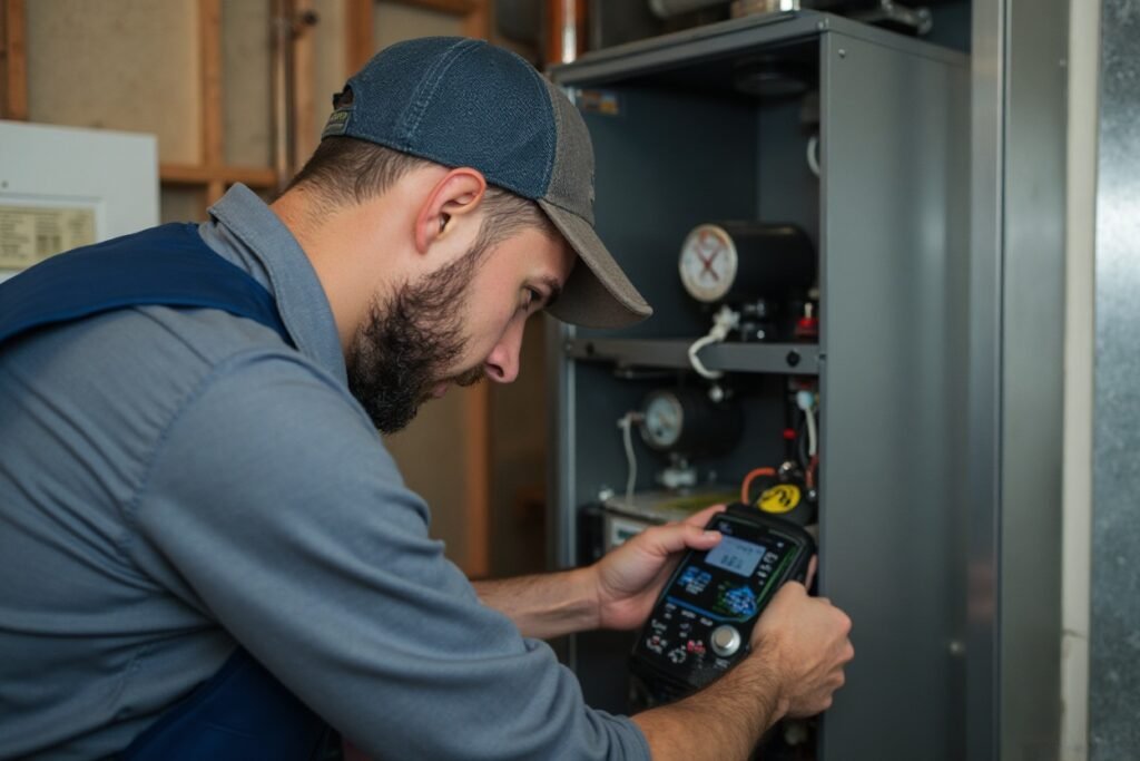 HVAC worker checking furnace parts during heating service in Fairacres, NM