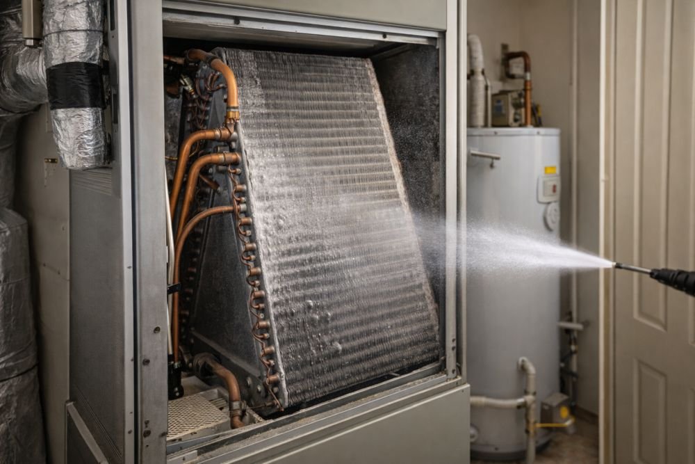 Air Control evaporator coil cleaning inside a residential air conditioning system in a Las Cruces home to remove dust buildup and maintain efficient cooling.