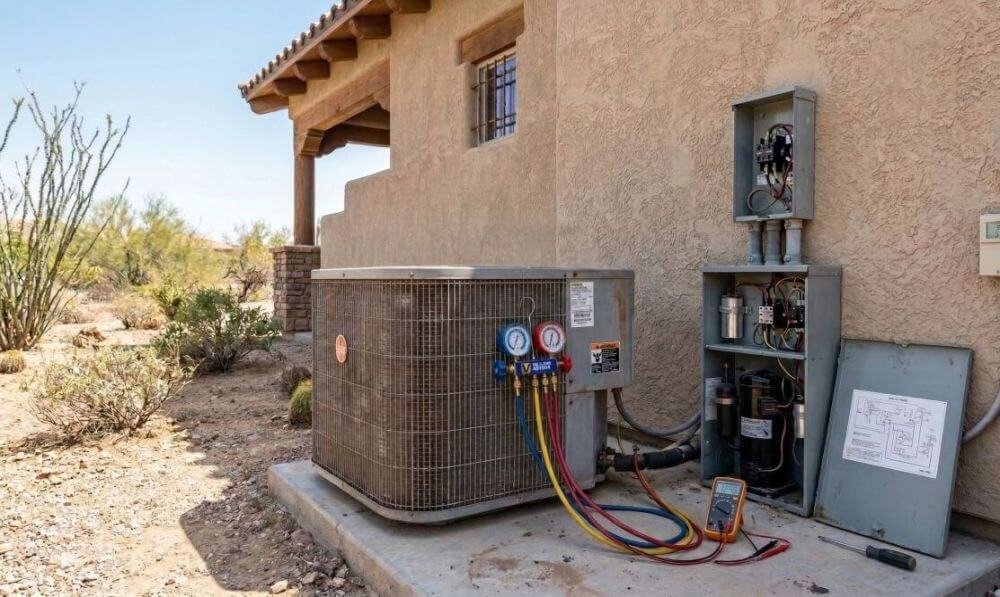 Outdoor air conditioning condenser unit connected to HVAC diagnostic gauges with open service panels during AC short cycling troubleshooting at a home in Las Cruces.