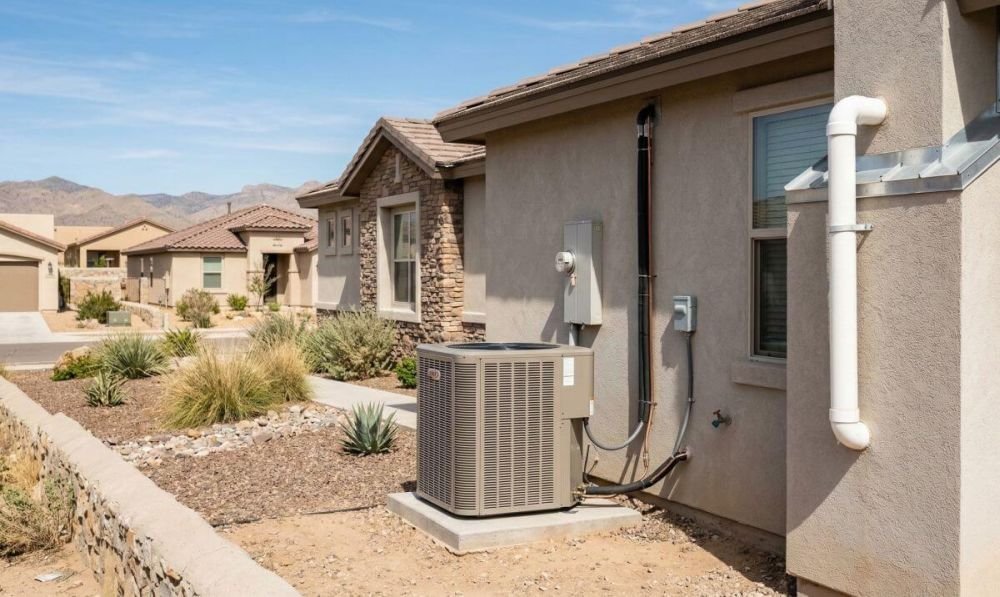 Air Control example of a residential central air conditioning system sized for a 1,500 to 2,000 square foot home with outdoor condenser and duct connections.