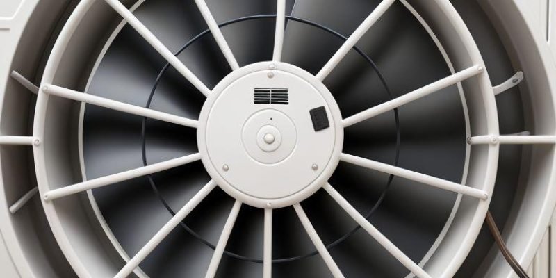 Close-up shot of an air conditioning unit showing visible components like the compressor, motor, and fan blades in need of inspection or repair. Dust and wear indicate possible causes of strange AC noises.