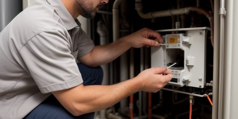 HVAC technician inspecting a furnace for issues, focusing on key components like the ignition system and air filter during troubleshooting.